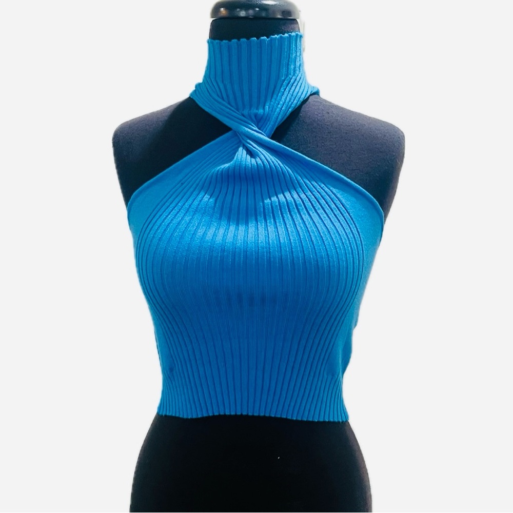 Blue Halter Neck Ribbed Top - Picture 2 of 8